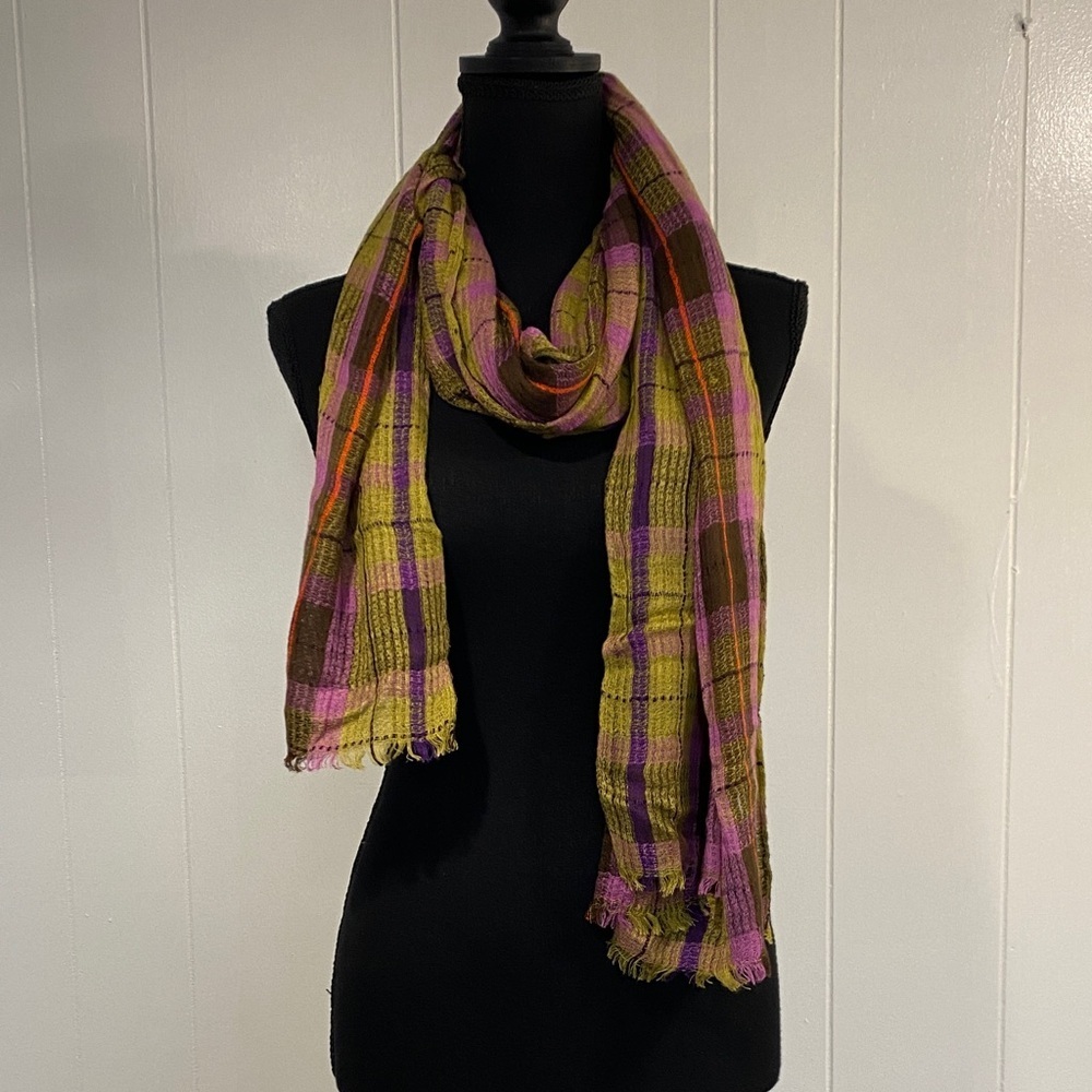 Lightweight Plaid Scarf | Pink Olive Purple Checkered | Fringe Trim | 70” Long